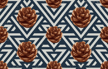 Printable seamless vintage autumn repeat pattern background with pine cone. Botanical wallpaper, raster illustration in super High resolution.