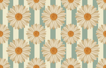 Printable seamless vintage repeat pattern background with white daisies. Botanical wallpaper, raster illustration in super High resolution.