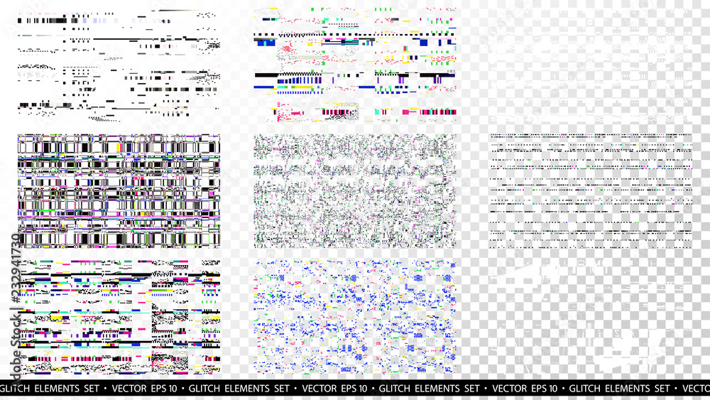 Poster glitch elements set. computer screen error templates. digital pixel noise abstract design. poster de