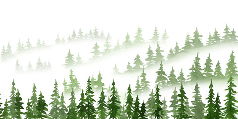Christmas and New Year watercolor landscape with green pine trees silhouettes