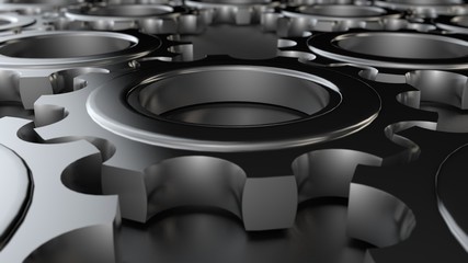 Obraz premium 3D background illustration of a set, a group of metal gears of gold, silver and platinum working in a team. 3D rendering with depth of field. The idea of harmony and unity
