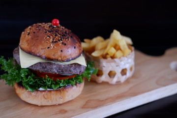 close up cheese burger on table