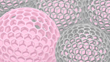 3d spheres with holes. Perforated balls background. Abstract wallpaper. Flying bubbles. Trendy modern illustration. 3d rendering. Cell. Pastel colors. Poster backdrop.
