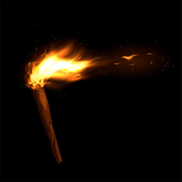 A wooden torch with a burning fire. Bright flame and sparks. Vector illustration.