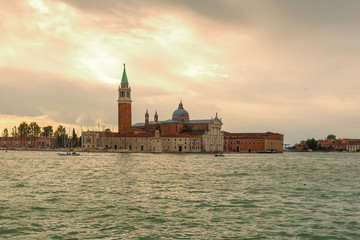 Fototapeta na wymiar VENICE, ITALY- OCTOBER 30, 2018: Church of San Giorgio Maggiore. Set on an island, an art-filled, bright white church by Palladio giving Venice views from its tower.