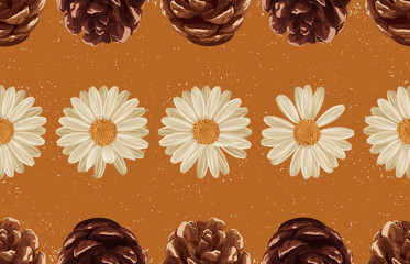 Printable seamless vintage autumn repeat pattern background with daisies, and pine cones. Botanical wallpaper, raster illustration in super High resolution.