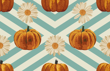 Printable seamless vintage autumn repeat pattern background with white daisies, and pumpkins. Botanical wallpaper, raster illustration in super High resolution.