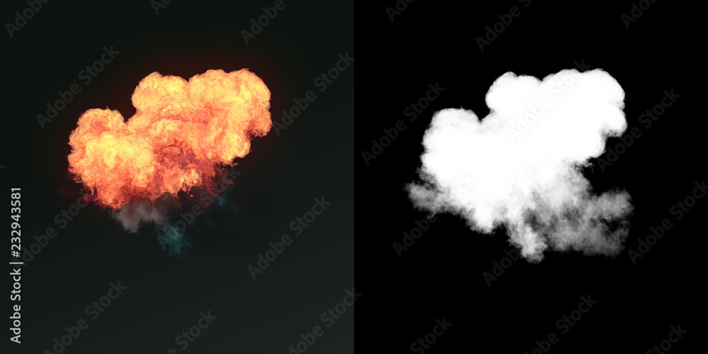 Poster Large explosion with black smoke in dark plus alpha channel. 3d rendering