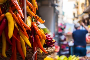 Foto op Canvas stack of spicy habanero in naples italy on the fleet street market with healthy and natural mediterranean food © simona