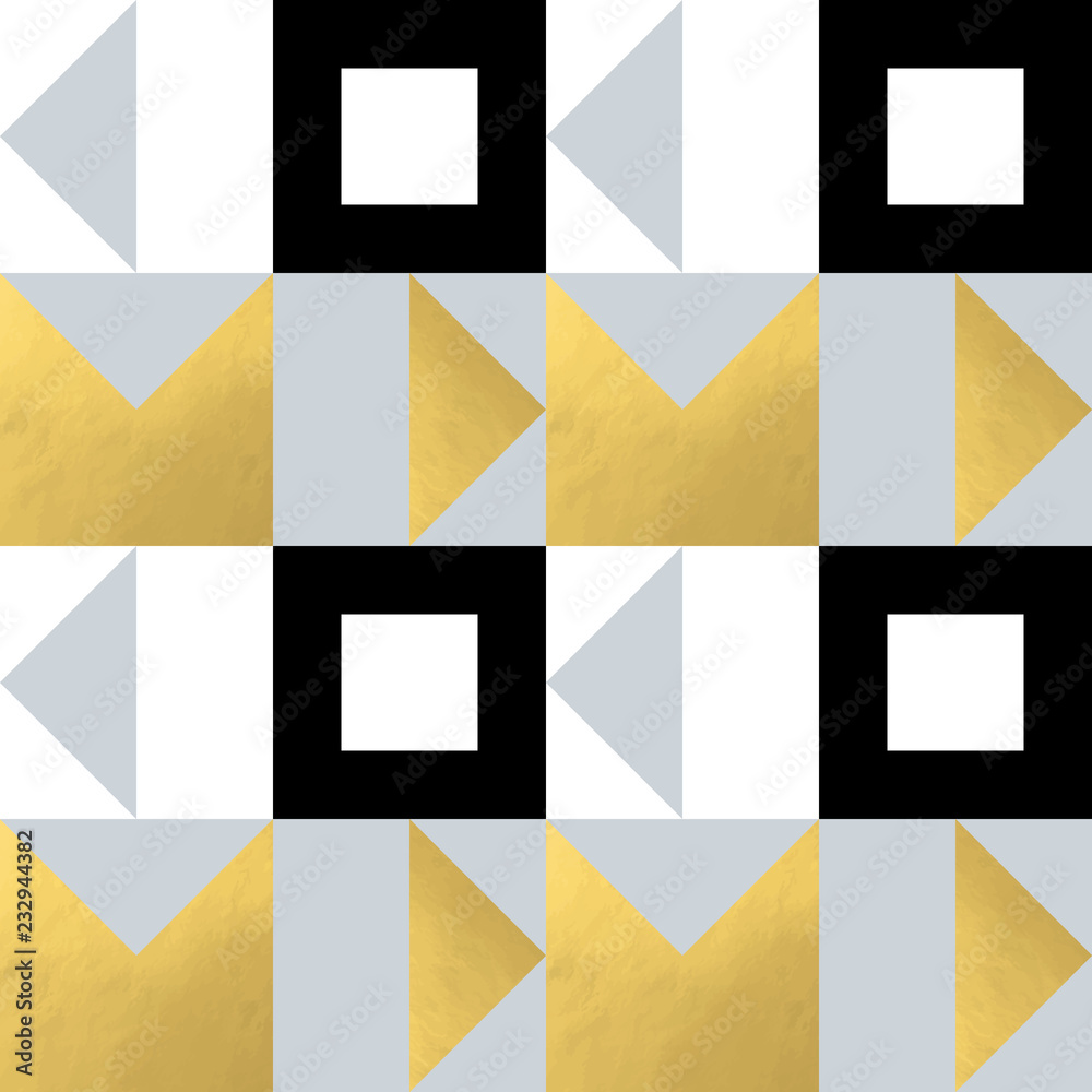 Poster Festive triangle and square geometric shapes background. Abstract mosaic vector seamless pattern in pastel and golden colors. Christmas , new year, carnival, party, celebration wrapping paper concept.