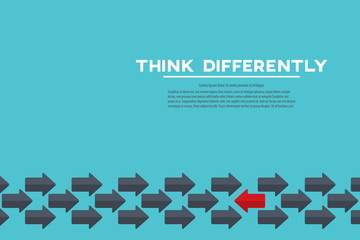 Think differently concept. Red arrow changing direction. New idea, change, trend, courage, creative solution, innovation and unique way concept.