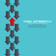 Think differently concept. Red arrow changing direction. New idea, change, trend, courage, creative solution, innovation and unique way concept.