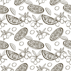 Sea buckthorn branch and lemon seamless pattern. Hand drawn berry and fruit illustration. Sketch style. Elements for menu, greeting cards, wrapping paper, cosmetics packaging, posters etc