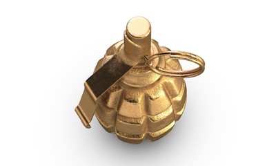 3D illustration of gold fragmentation grenade F1 isolated on white backfround.