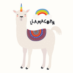 Hand drawn vector illustration of a cute funny llama with a unicorn horn, rainbow, text Llamacorn. Isolated objects on white background. Scandinavian style flat design. Concept for children print. © Maria Skrigan