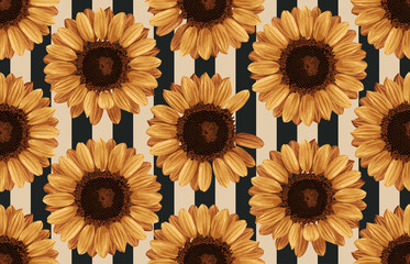 Printable seamless vintage autumn repeat pattern background with sunflowers. Botanical wallpaper, raster illustration in super High resolution.