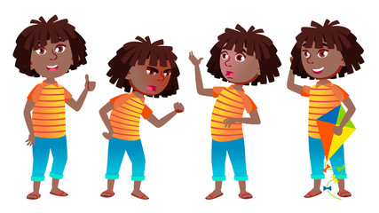 Girl Schoolgirl Kid Poses Set Vector. Black. Afro American. High School Child. Secondary Education. Young, Cute, Comic. For Presentation, Print, Invitation Design. Isolated Cartoon Illustration