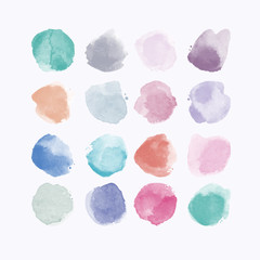 Set of colorful watercolor hand painted round shapes, stains, circles, blobs isolated on white. Elements for artistic design