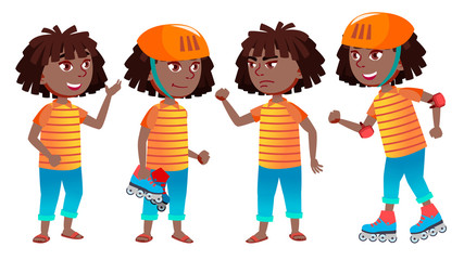 Girl Schoolgirl Kid Poses Set Vector. Black. Afro American. High School Child. Young People, Face, Cheerful. For Postcard, Cover, Placard Design. Isolated Cartoon Illustration