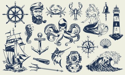 Vintage monochrome nautical elements set - obrazy, fototapety, plakaty