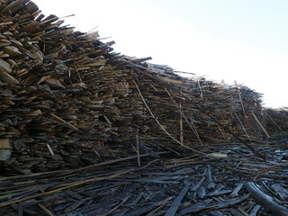 Warehouse wooden planks slabs under the open sky