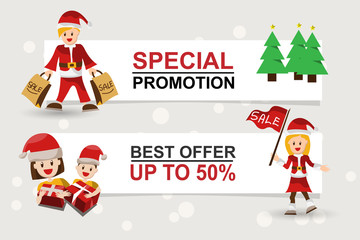 Christmas Sale banner with Santa Claus and trees. Vector