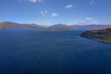 Fototapeta premium Aerial view of Beautiful Loch Lomond in Scotland, UK