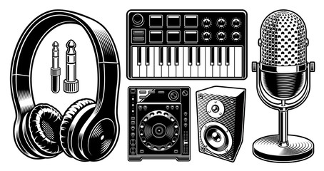 Set of black and white dj illustrations on the white background.