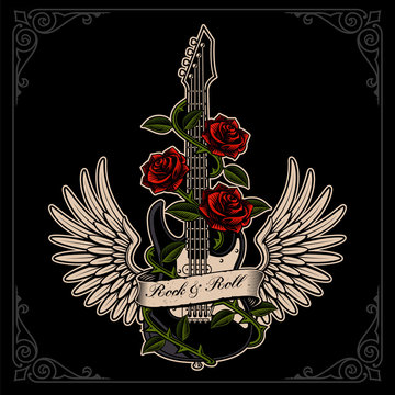Vector illustration of guitar with wings and roses in tattoo style.