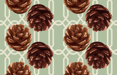 Printable seamless vintage autumn repeat pattern background with pine cone. Botanical wallpaper, raster illustration in super High resolution.