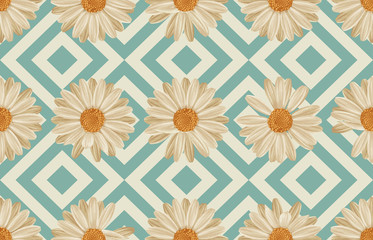 Printable seamless vintage repeat pattern background with white daisies. Botanical wallpaper, raster illustration in super High resolution.