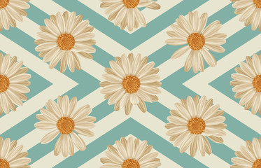 Printable seamless vintage repeat pattern background with white daisies. Botanical wallpaper, raster illustration in super High resolution.