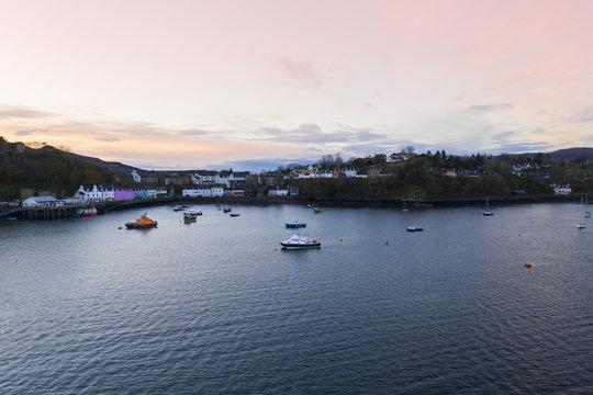 Sunset aerial view of Portree Harbour, Isle of Skye, Scotland 