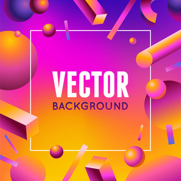 Vector design template and illustration in 80's style and bright gradient colors with abstract geometric shapes