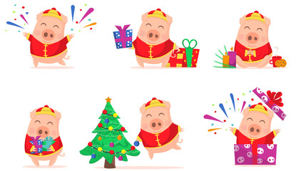 Vector little cartoon pigs characters posing in different situations. Illustrations of set cute piggys. Piglet illustration for card, posters, invitations, children room, decoration