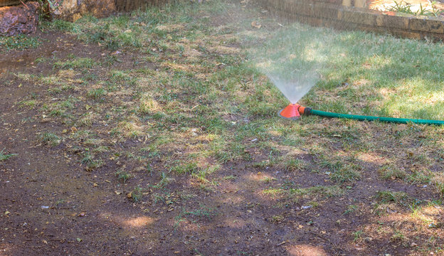 A garden water sprinkler sprays water on a dry patch of lawn image with copy space in landscape format