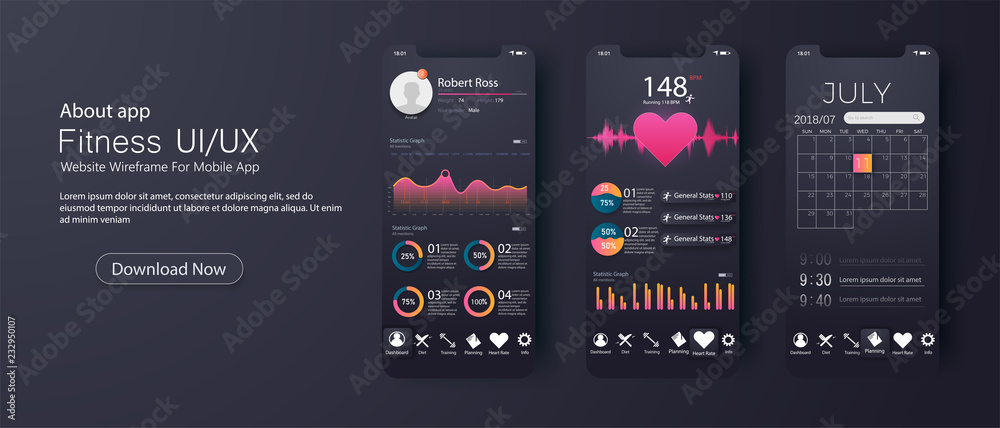 Aufkleber Different UI, UX, GUI screens fitnes app, responsive mobile app.Web design and mobile template. Infographic on benefits of healthy lifestyle
