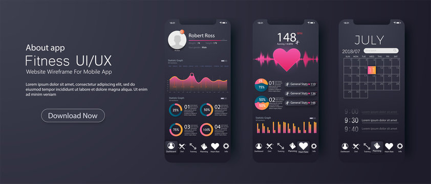 Different UI, UX, GUI screens fitnes app, responsive mobile app.Web design and mobile template. Infographic on benefits of healthy lifestyle