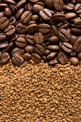 Coffee beans and instant coffee granules, side by side.