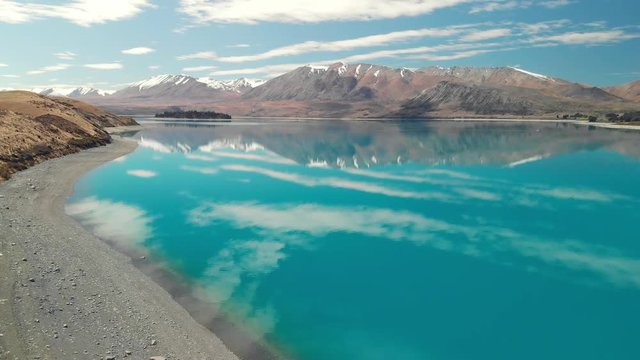 Aerial drone view of Tekapo lake, South Island, New Zealand