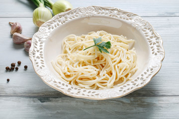 Plate prepared for broth soup.