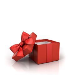 Open red gift box or blank present box with red ribbon bow isolated on white background with reflections and shadows and 3D rendering