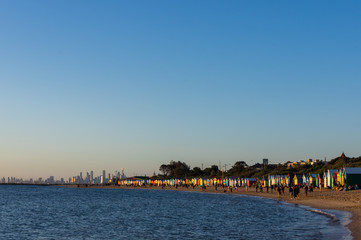 Brighton Beach with the Melbourne skyline in the background, Australia.