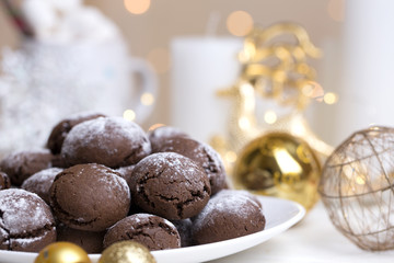 Homemade chocolate cookies with christmas background