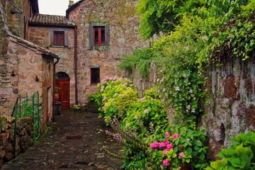 Fototapeta na wymiar Romantic recess in Tuscany with flowers and flowers
