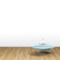 3d illustration rendering of ufo on parquet floor