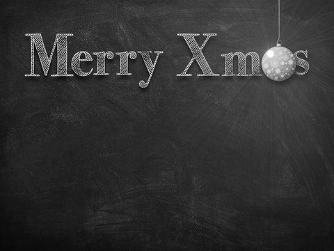 3d illustration rendering of chalk Merry Christmas wishes on blackboard with white Christmas tree decoration ball