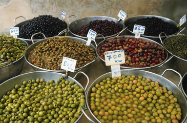 Olives in fresh produce market, France.