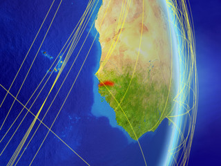 Gambia on planet planet Earth with network. Concept of connectivity, travel and communication.