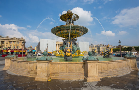 PARIS, FRANCE, SEPTEMBER 5, 2018 - The Fountain of the Seas at Place de la Concorde in Paris. One of the most famous squares in Paris, France.
